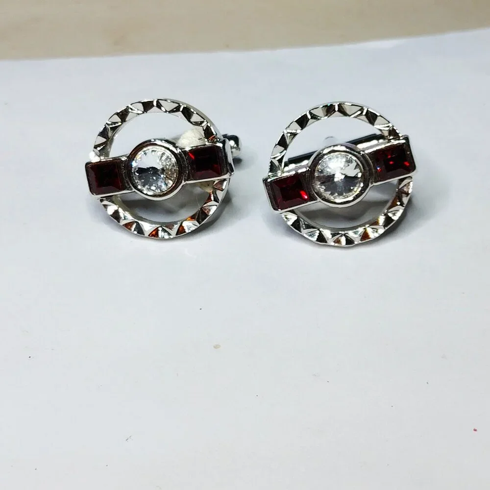 Vintage-Style Red & Clear Rhinestone Cufflinks Silver Tone 1